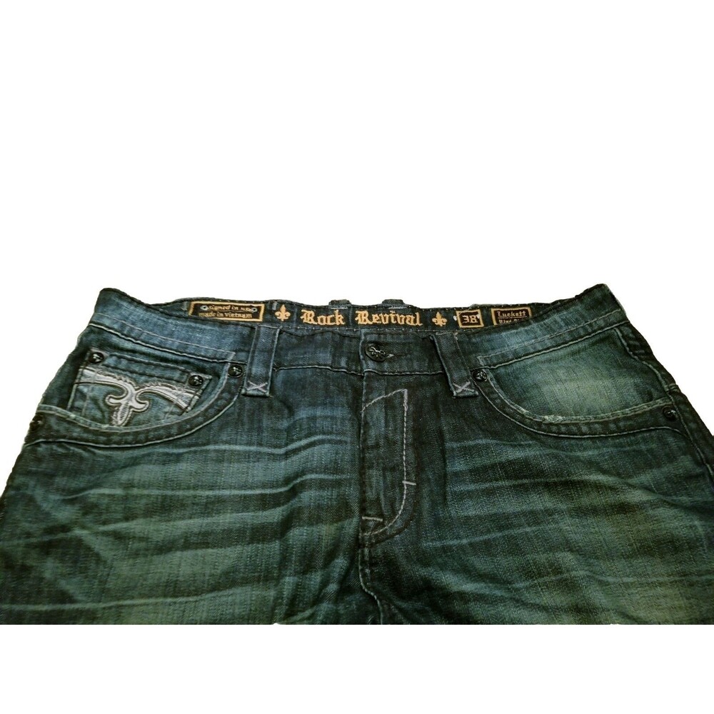 Rock Revival Luckett Jeans Men Size 38 Relaxed Straight Dark Distressed (42x29) - Picture 2 of 6